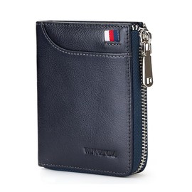 VANNANBA Mens Genuine Leather Zipper Wallet RFID Blocking Bifold Zip Around Wallets Multi Credit Card Holder with Coin Pocket & Bill Compartment(Dark Blue)