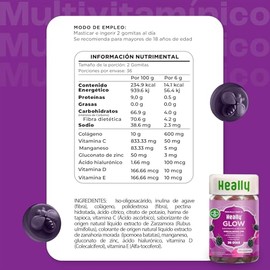Multivitamínico Colágeno Eternal Beauty, Gomitas, Para una Piel Saludable, Sabor Zarzamora, Con Ácido Hialurónico, Vitaminas C, D y E, 100% Natural, Sin Azúcar y Gluten, Heally | 72 gomitas | 36 días duración