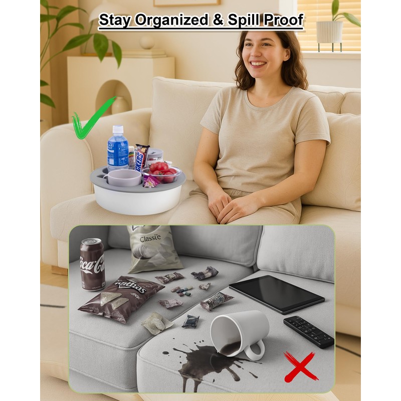 Bonfixe Round 7-in-1 Bed & Couch Cup Holder Tray,Waterproof Silicone