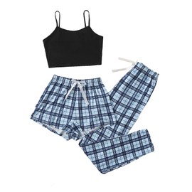Milumia - Conjunto de pijama de 3 piezas para mujer, pantalones cortos y pantalones cortos a cuadros, Azul/negro, XS