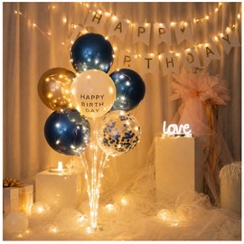 Round Shop Photo Zone LED Balloon Stand 2P Set for Birthday Party, Blue White, 1 Set