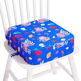 TOTIDYH SitzerhöHung Stuhl Kind, Tragbare Rutschfestes Sitzkissen Kinder, Waschbar SitzerhöHung Kinder Stuhl mit 2 Sicherheitsgurten, Zerlegbar StuhlerhöHung Kind(Meerjungfrau Blau)