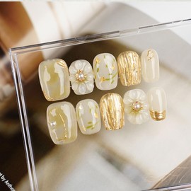 sheepyo Nail Tips Short Short Autumn Winter Long Sleeve Handmade Yellow Japanese Style Japanese Pattern Handmade Gold Coming-of-Age Ceremony Finger Suit False Nail Flower Cute Korean (Handmade Nail-7