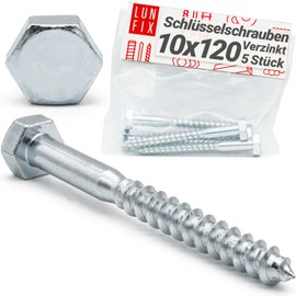 Lun Fix: Hexagon Wood Screws 10 x 120 mm - Pack of 5 - DIN571 - Key Screws - Head Shape: Hexagonal Head - Galvanised Steel - Wood Screws - Wood Screws Hex