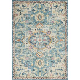 Nourison Passion Ivory/Light Blue 6'7" x 9'6" Area Rug, Boho, Moroccan, Bed Room, Living Room, Dining Room, Kitchen, Easy Cleaning, Non Shedding, (7' x 10')