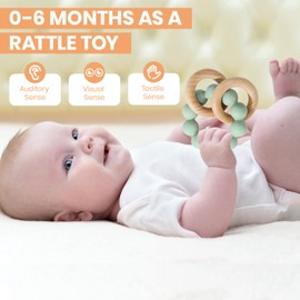 Socub Baby Teething Toys for 0-6 6-12 Months- BPA-Free Food-Grade Silicone & Natural Beech Wood Teether Ring for Newborn Infants Teething Relief- Easy-Grip Sensory Rattle Toys(Cambridge Blue)
