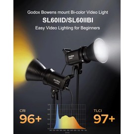 Godox SL60IIBi 75W Bi-Color LED Video Light, 2800K–5600K, 25100Lux@1M, Bowens Mount COB Studio Light with, App & Remote Control, CRI 96/TLCI 97, 100-240V