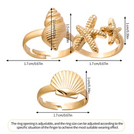 Mikovivi 3pcs Shell Starfish Conch Rings, Gold Dainty Open Rings Stylish Starfish Seashell Jewelry Adjustable Beach Jewelry Summer Sea Beachy Vacation Accessories Stuff Gifts for Women