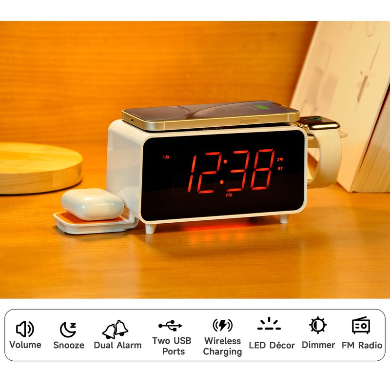 Dual Wireless Charging Alarm Clock Radio with Bluetooth Speaker, FM