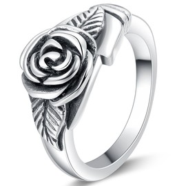 Jude Jewelers Retro Vintage Stainless Steel Flower Rose Promise Statement Cocktail Party Ring (Oxidized Silver, 11)