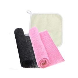 TENQUAN 2 Pcs African Net Sponge with 1 Pcs Exfoliating Washcloth African Wash Net Back Scrubber for Men Women Body Scrub Face Cleaning Daily Bath Shower(Pink Black White)