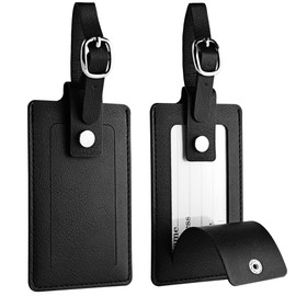 HONZUEN Luggage Tag Suitcase Tag, Pack of 2 PU Leather Suitcase Tags with Address Tag, Name Plate, Luggage Tag, Address Tag, Travel Accessories, ID Labels for Suitcases, Handbags, Backpacks (Black)
