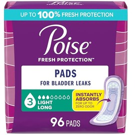 Poise Almohadillas de incontinencia y almohadillas de incontinencia posparto, 3 gotas de absorción de luz, longitud larga, 96 unidades (4 paquetes de 24), el embalaje puede variar