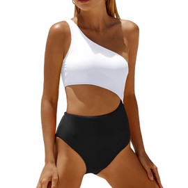Yonique Women's One Piece Bathing Suit One Shoulder Swimsuit Cutout Swimwear Monokini White and Black S