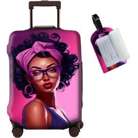 JANENFNA Luggage Cover + Luggage Tag, Blackgirl with Glasses Washable Elastic Travel Suitcase Protector With Concealed Zipper for Men Women Teens Boys Girls L (26-28 Inch Suitcase)