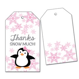 25 Penguin Favor Tags - for Girl Baby Shower or Snowflake Birthday - Thanks Snow Much - Pink