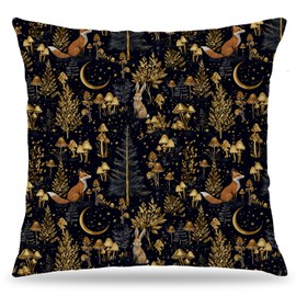 LUKIPOM Enchanted Forest Witchy Pillow Covers 18x18 Double-Sided, Witchy Room Home Decor, Dark Cottagecore Mystical Celestial Mushroom Fox and Rabbit Decorative Throw Pillow Covers