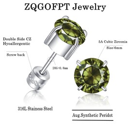 ZQGOFPT Titanium Flat Back Surgical Stainless Steel Stud Earrings for Women Men,Birthstone Stud Earrings Hypoallergenic Double Side 5A Cubic Zirconia Studs Jewelry 6mm (August(Peridot))