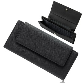 PURCHIC Women's Long Wallet, Genuine Leather, Thin, Lightweight, Slim, Thin, Large Capacity, Italian Button, Anti-Skimming, Black