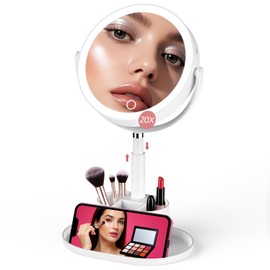 Shinowa Makeup Mirror with Lights, 1X/20X Lighted Magnifying Mirror with Storage for Makeup & Jewelry, 2-Sided Height Adjustable Vanity Mirror with 3 Color Lights, 360° Rotation & Rechargeable, White