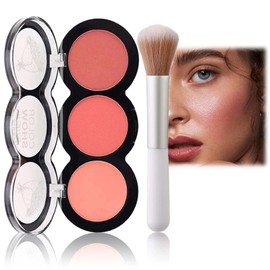 Tricolor Blush Palette with Fiber Brush - Natural-Looking & Long-Lasting Contour Makeup for Cheeks - Nude Fine Blush for Women - Skin-friendly & Easy to Blend Powder Blush