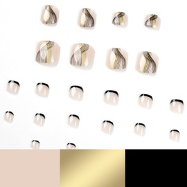SINLOV 24pcs Nude Square Fake Toenails Glossy Golden stripe Press on Glitter False Toe Nails French Short Full Cover False Toenails Artificial Foot Nails for Women and Girls