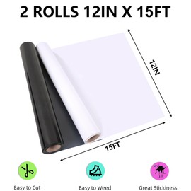 RENLITONG Black and White Heat Transfer Vinyl 2 Rolls 12" x 15ft HTV Vinyl for T-Shirt HTV Iron on Vinyl Rolls for All Cutter Machine - Easy to Cut & Weed for Heat Vinyl Design
