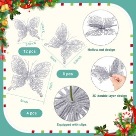 Jutom 24 Pcs Christmas Tree Butterfly Ornaments 3 Sizes 3D Glitter Hollow Butterfly Decorations Xmas Butterflies Wall Hanging Decor with Clips and Stems for Christmas Tree Wreath (Silver)