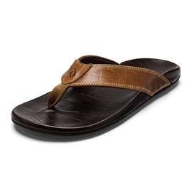 OLUKAI Hikianalia Men's Leather Sandal, Full-Grain Leather, Non-Marking Rubber Traction Pads & Compression Molded Footbed, Tan/Dk Java, 10