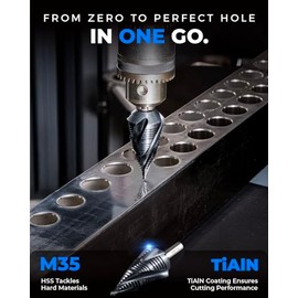 Toolant Broca de paso de cobalto con cuatro espirales (Pro), broca de paso Unibit lista para impactos de 1/4"-3/4", brocas de paso hexagonal de 1/4" para metal, acero inoxidable, aluminio, plástico