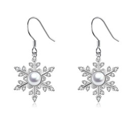 Deyanse Christmas Jewellery Set for Women, 925 Sterling Silver Snowflake Jewellery Set, 2 Pieces Snow Pendant Necklace & Earrings with White Pearl Zirconia, Hypoallergenic, 45 + 5 cm Silver Chain