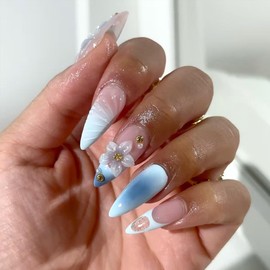 Blue Press on Nails Medium Almond Fake Nails with Designs Flower Stick on Nail French Acrylic False Nails Glossy Artificial Nail Full Cover Glue on Nails for Women 24Pcs