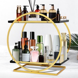 Perfume Organizer for Dresser, 2 Tier Makeup Organizer for Vanity, Bathroom Counter Organizer, Cosmetic Display Storage Gifts for Women (Black Gold)