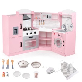 Fireflowery Kids Kitchen Playset, Wooden Toy with Ice Maker, Washing Machine, Microwave, Interactive Play with Lights and Sounds, Pretend Play Corner Kitchen for Girls and Boys (Pink)