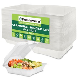 Freshware Compostable Clamshell Food Containers [8x8" 200-Pack] Disposable To Go Containers, Biodegradable Sugarcane To Go Boxes - Heavy Duty Paper Containers - Microwave & Freezer Safe, Stackable