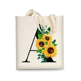 AUSVKAI Cute Sunflower Initial Canvas Tote Bag Aesthetic for Women, Initial a, Large