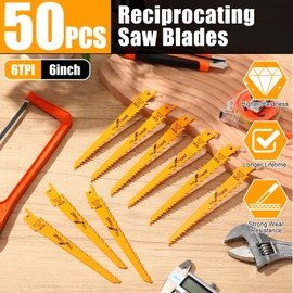 Lothee 50 Pack 6tpi Reciprocating Saw Blade Bulk Taper-Back Bi-Metal Saw Blades for Metal Woodcutting General Purpose Wood Cutting Pipe (6 Inch)