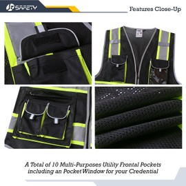 JKSafety 10 Pockets Hi-Vis Neon Color Frontal Zipper Mesh Safety Vest for Men Women Safety Utility for works Comply to ANSI/ISEA Standards (86-Black M)