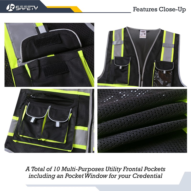 JKSafety 10 Pockets Hi-Vis Neon Color Frontal Zipper Mesh Safety