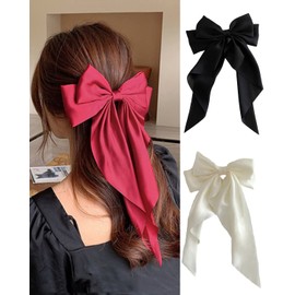 ZEVONDA ZEVONDA Pack of 2 Big Bow Hair Clips - Solid Color Large Bowknot Hairpin Hair Clip with Long Silky Satin Tail Hair Barrettes Accessories for Girls Women, Black + Milky White