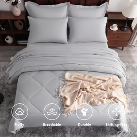 NTBAY Queen Comforter Set with Sheets, 7 Pieces Soft and Breathable Queen Bedding Set, Bed in a Bag, Down Alternative Comforter Set Solid Color All Season, Queen Bedding Set, Light Grey