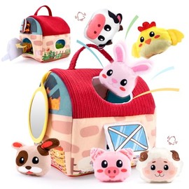 Risom Juguetes Montessori para Niños, Granero Mini Juego Sensoria con Peluches de Granja, Sonajero, Papel Arrugado y Espejo, Juguete de Viaje Didáctic