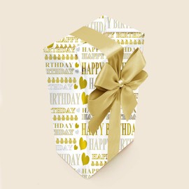 Gold Wrapping Paper, Birthday Wrapping Paper, 85 x 60 cm, 4 Sheets of Gift Paper with 4 Gold Bow Ties, 2 Birthday Cards, 4 Gift Tags, Wrapping Paper Set for Children, Girls, Boys, Women, Men, Baby