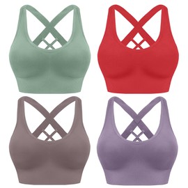 HANERDUN Women's Mittle Support Sports Bra Crossback Push Up Yoga Bra Seamless Without Underwire with Removable Padded for Fitness Running Jogging, 4 Pieces (Light Green+Red+Coffee+Grey Purple)