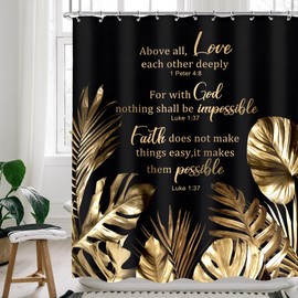 Cinbloo Black and Gold Shower Curtain 72Wx72H Modern Christian Bathroom Decor Tropical Bible Verse Monstera Quotes Palm Leaves Neutral Bath Curtain Fabric with 12 Hooks