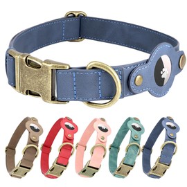 Airtag Dog Collar, PU Leather Collar w Airtag Holder for Medium Dogs(Blue)