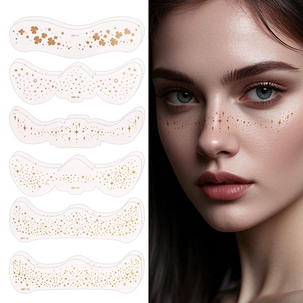 12pcs Face Freckles Makeup Patches, 6 Designs Glitter Gold Freckles