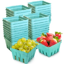 Glownary [50 Pack] 1 Pint Green Molded Pulp Fiber Berry Basket Produce Vented Container for Fruit and Vegetable, Farmer Market, Grocery Stores and Backyard Party (50, Pint)