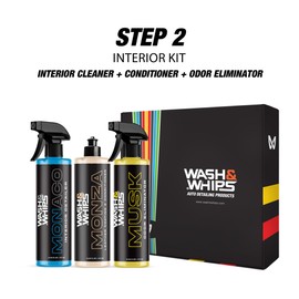 WASH&WHIPS CLEAN - Interior Car Wash Kit (Step 2) – Monaco Interior Cleaner, Musk Odor Eliminator, Monza Leather Conditioner – All-Purpose, Safe for All Surfaces, Effective for a Luxurious Finish