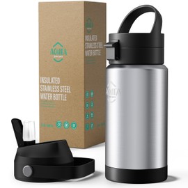 AOHEA 12oz Insulated Water Bottle with Straw, Kids Stainless Steel Double Walled Vacuum Sports Water Bottle with 3 Lids (Straw and Spout Lid) for Boys and Girls, School(Black)